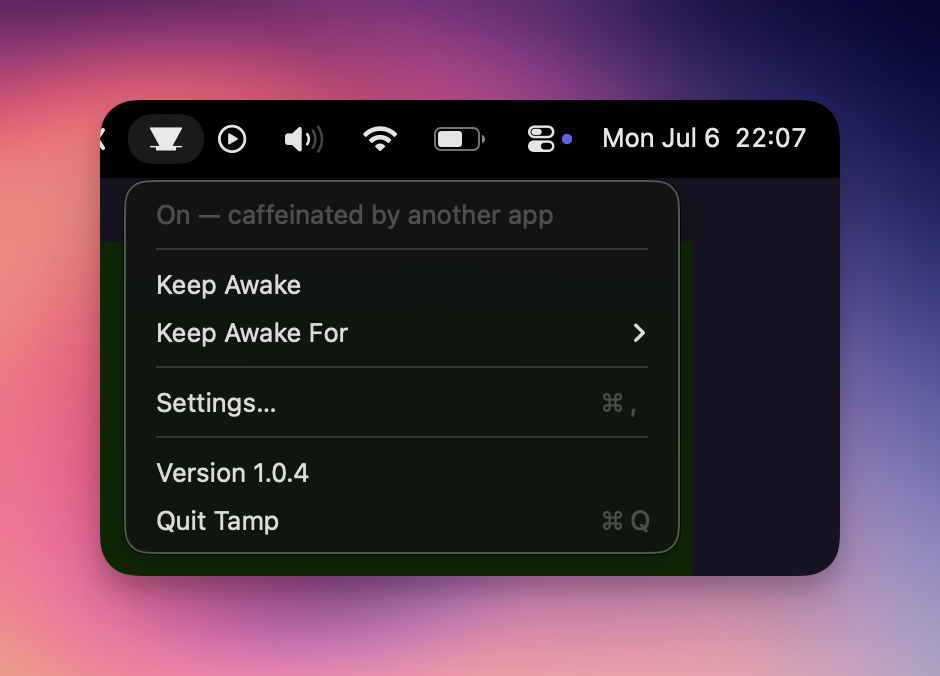 Tamp's dropdown in the macOS menu bar, its status line reading 'On — caffeinated by another app'