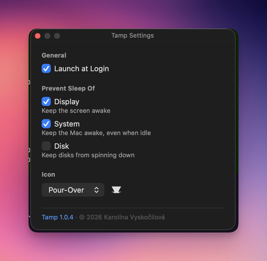 Tamp's settings: Launch at Login, independent display, system and disk sleep toggles, and an icon style picker